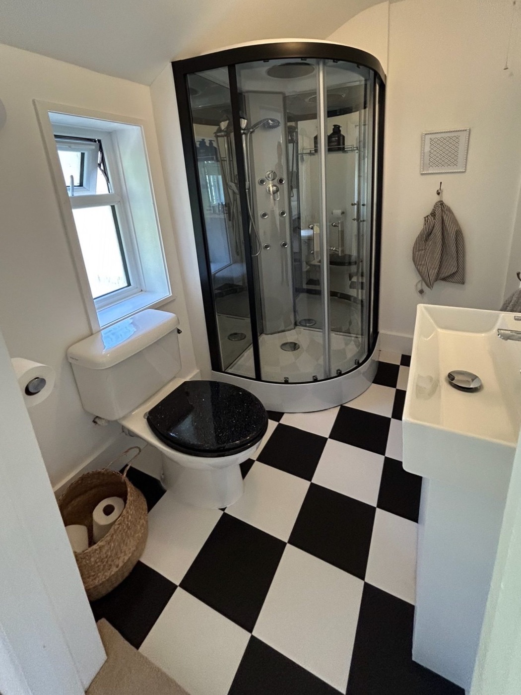 En-suite shower room with walk-in shower and monochrome floor